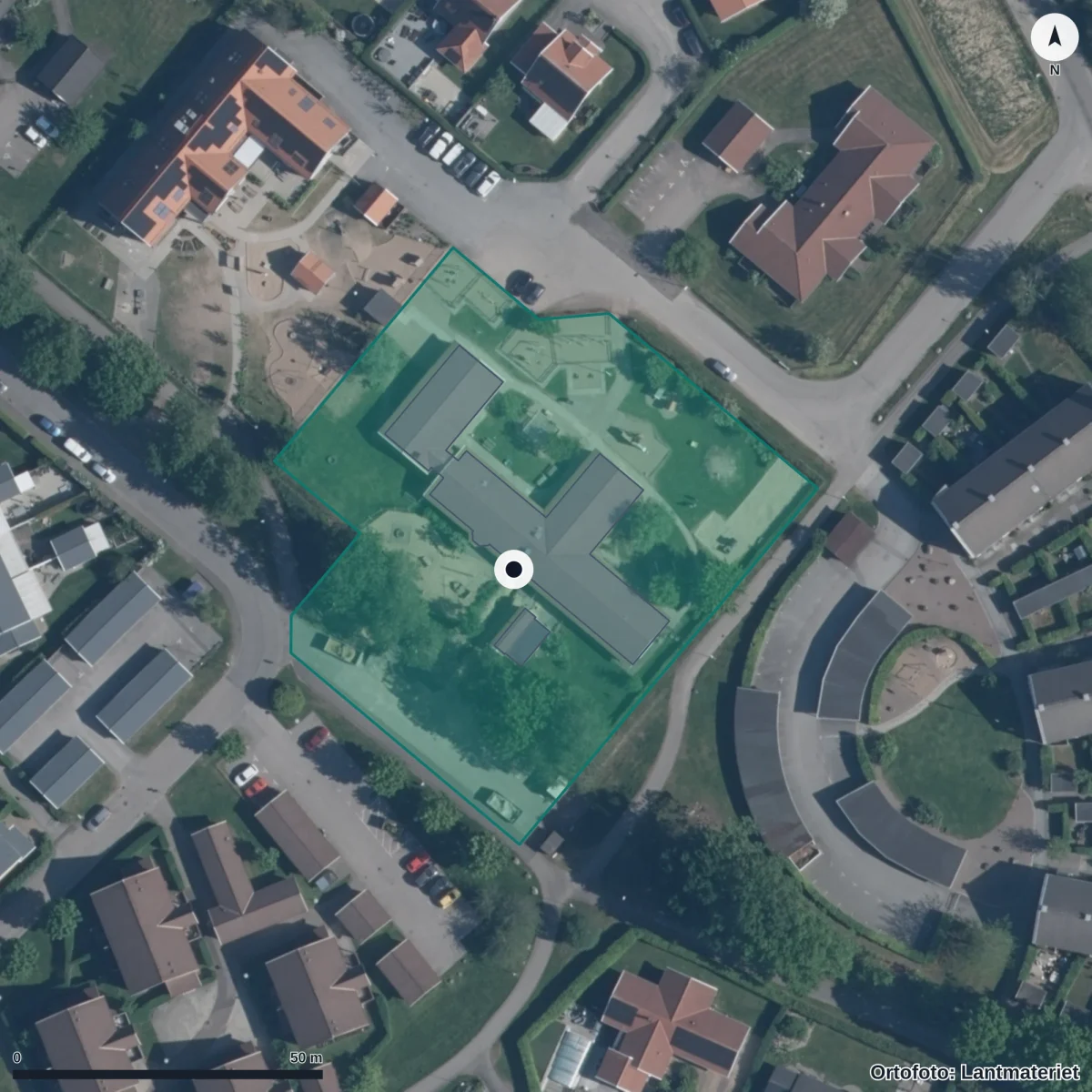 Flygbild över Skörpagårdens Förskola, ortofoto från Lantmäteriet