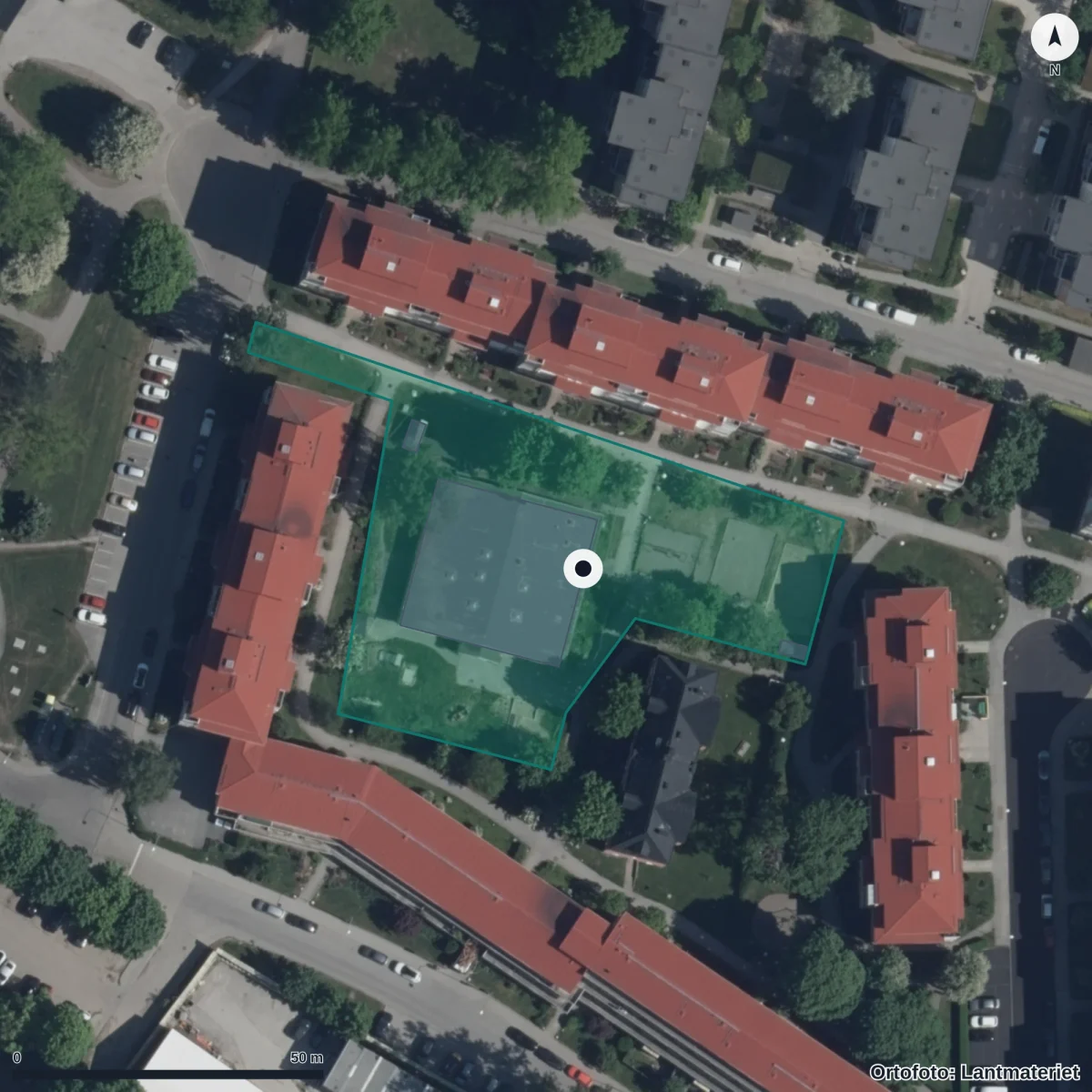 Flygbild över Solskenets Förskola, ortofoto från Lantmäteriet