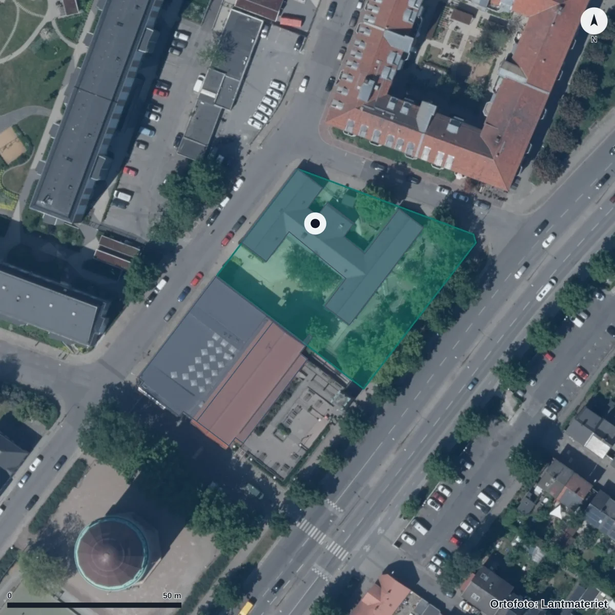 Flygbild över Södervärns Förskola, ortofoto från Lantmäteriet