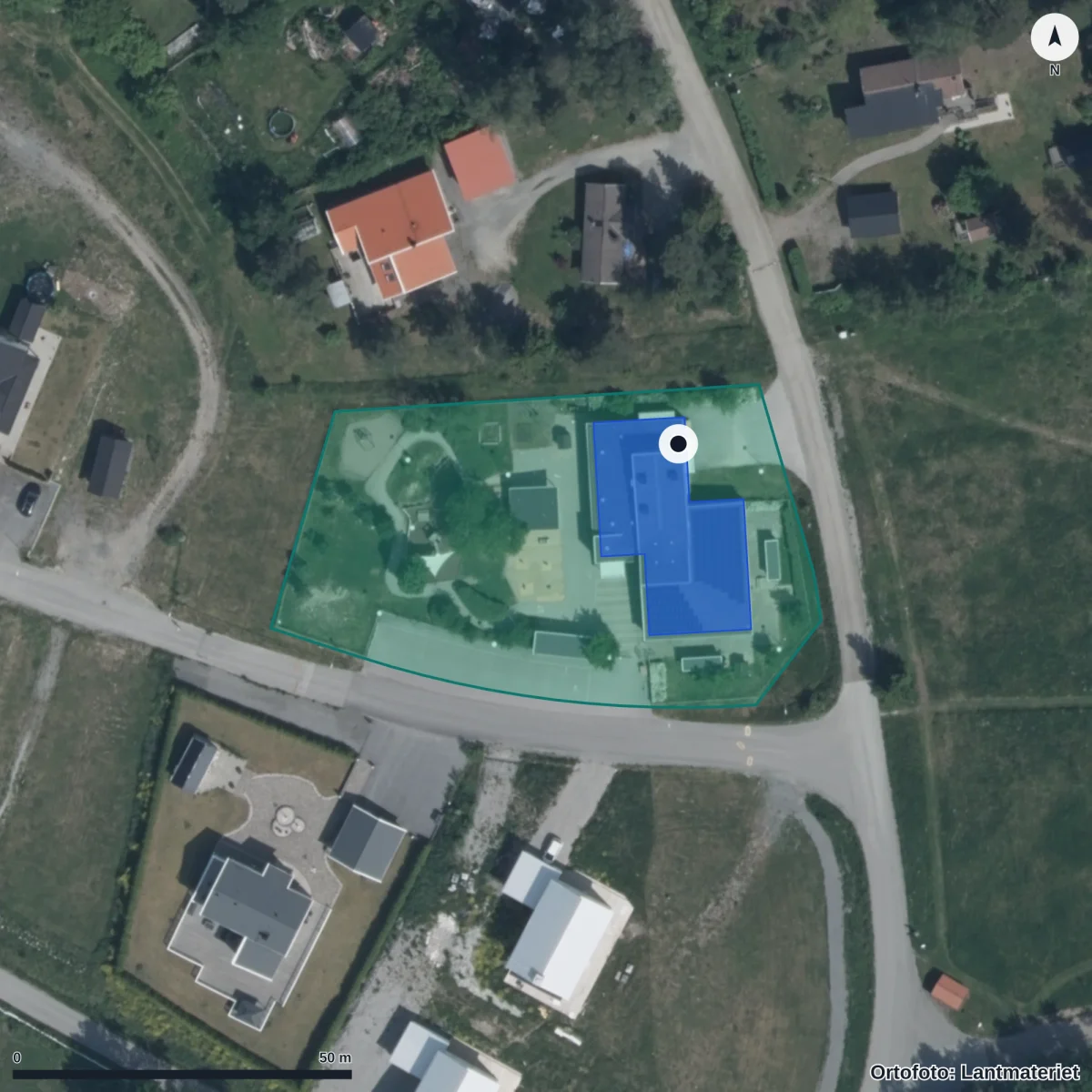 Flygbild över Granby Nya Förskola, ortofoto från Lantmäteriet