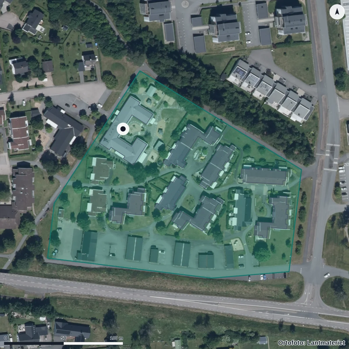 Flygbild över Pepparmyntans Förskola, ortofoto från Lantmäteriet