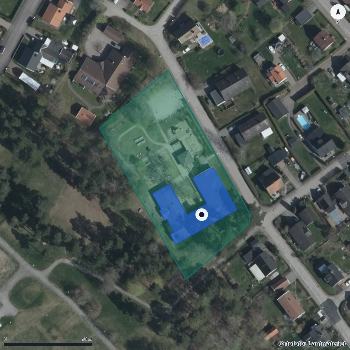 Flygbild över 35. Förskolan Djurgårdsparken, ortofoto från Lantmäteriet