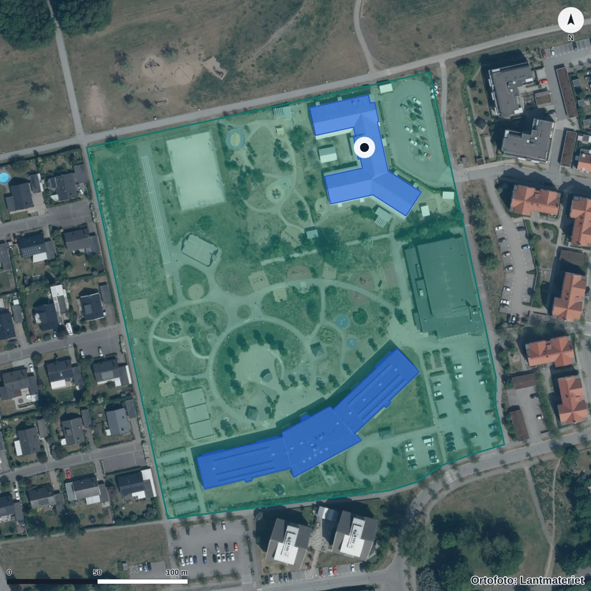 Flygbild över Kompassens Förskola, ortofoto från Lantmäteriet