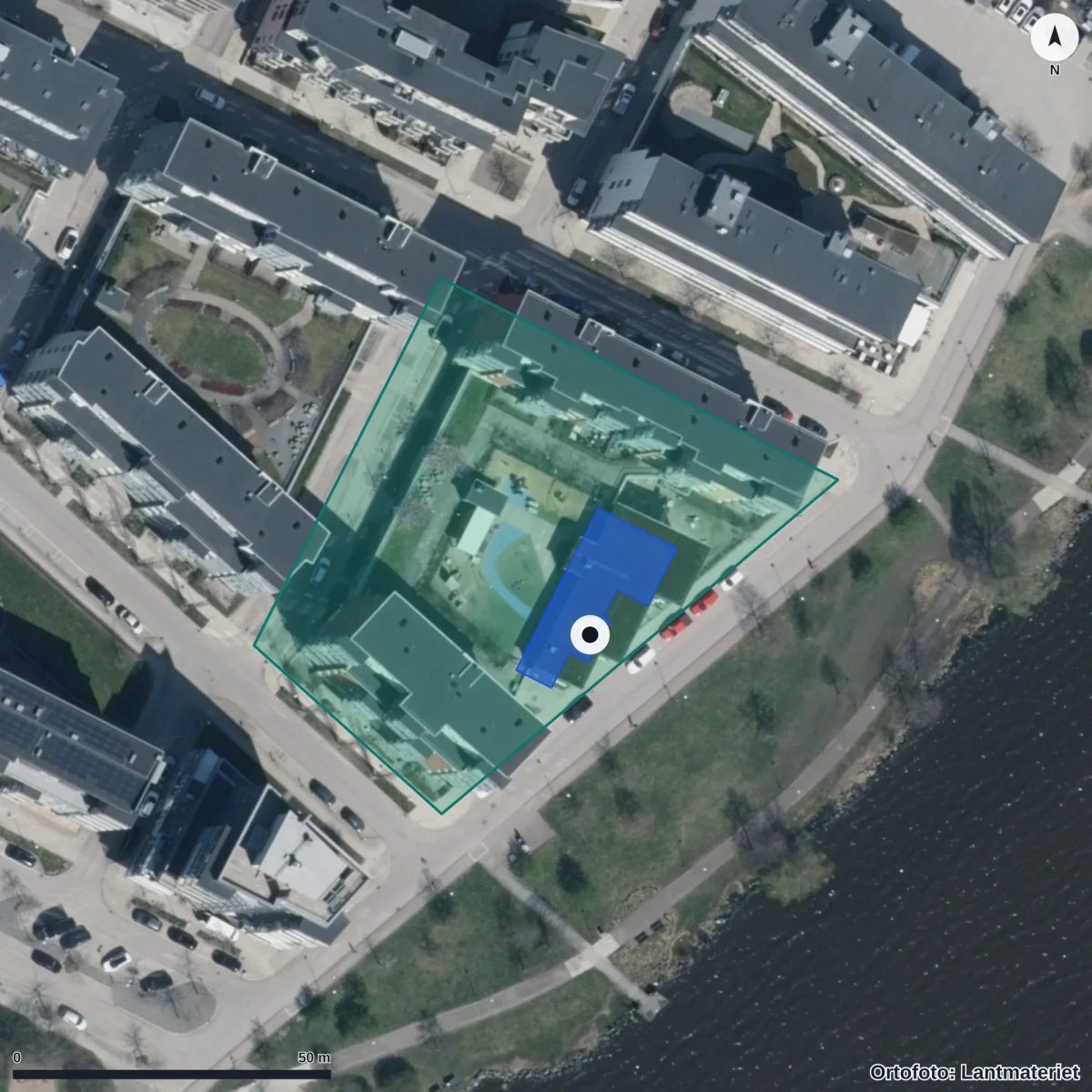 Flygbild över Fyrtornets Förskola, ortofoto från Lantmäteriet