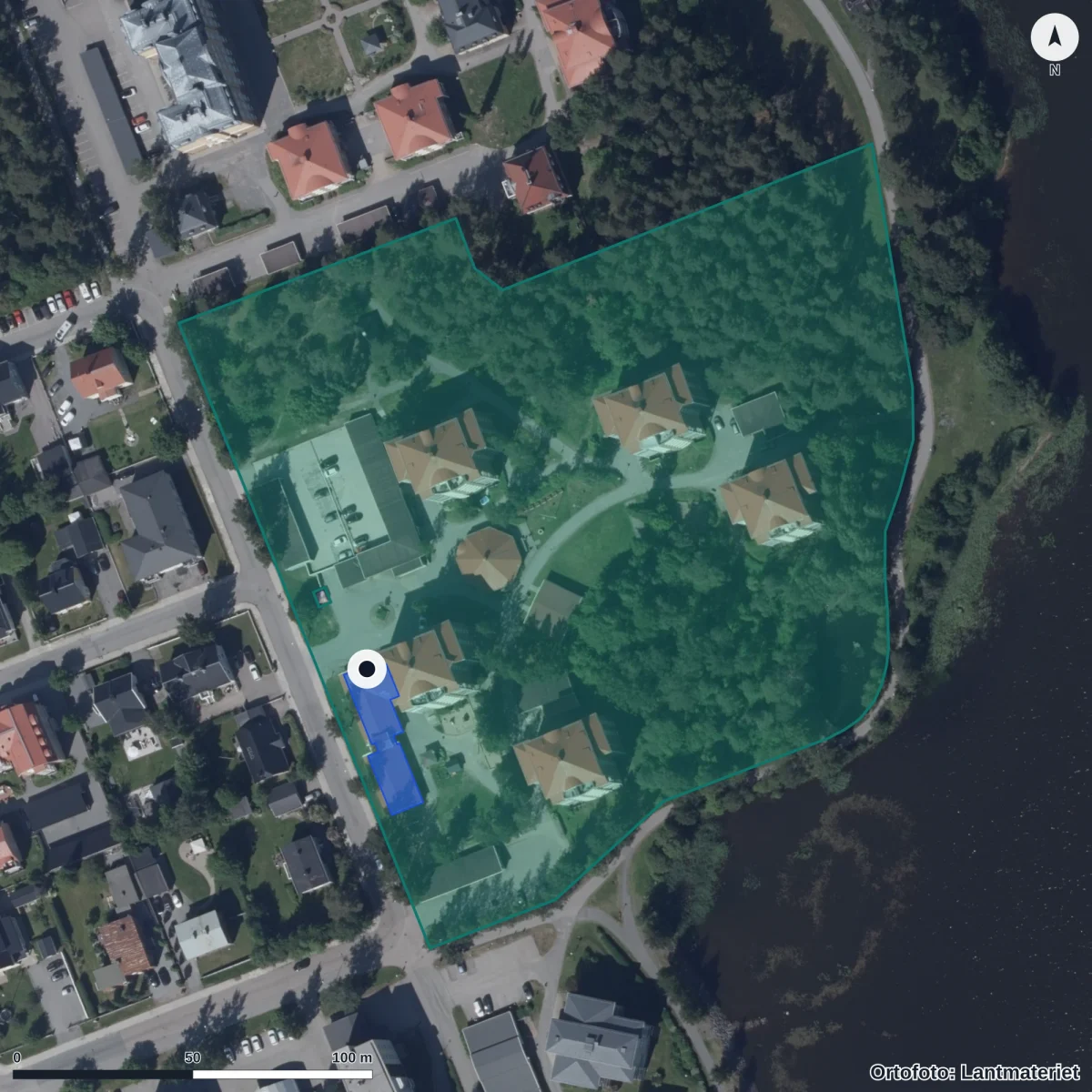 Flygbild över Seminariets Förskola, ortofoto från Lantmäteriet