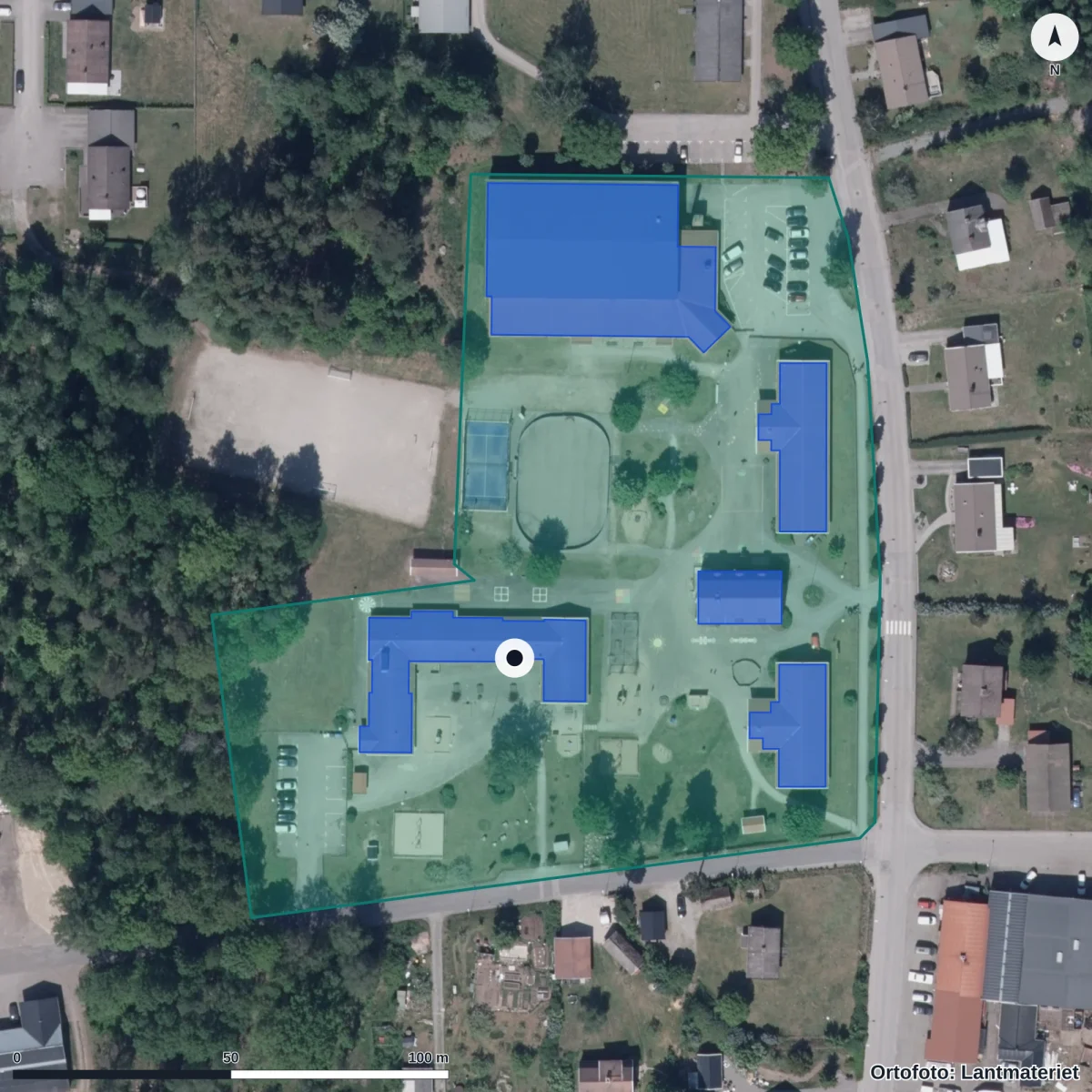 Flygbild över Bullerbyns Förskola, ortofoto från Lantmäteriet