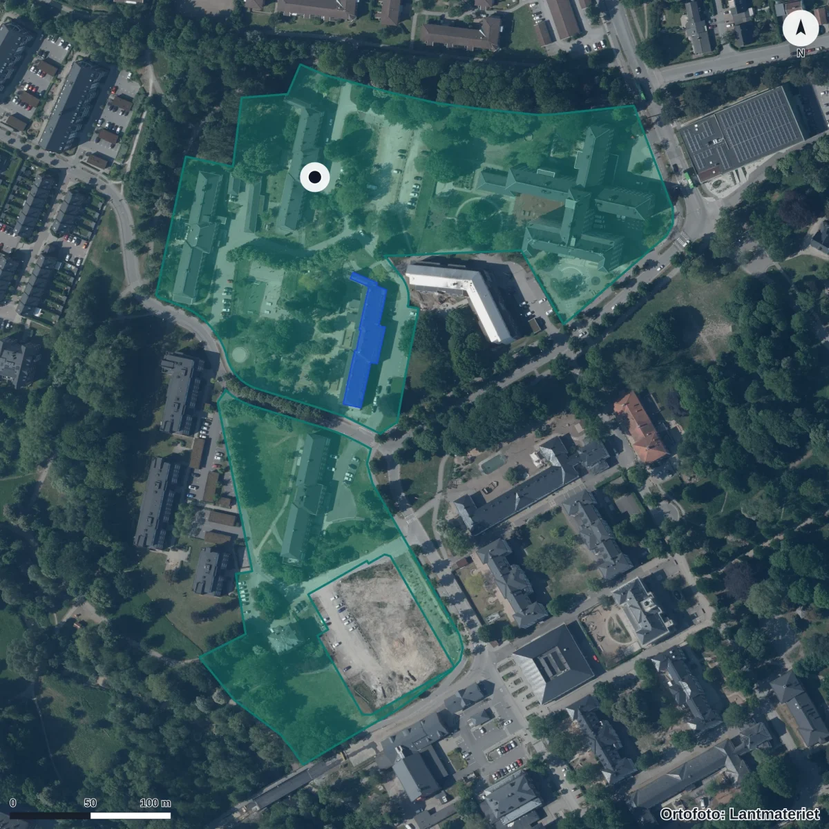 Flygbild över Källbyängars Förskola, ortofoto från Lantmäteriet