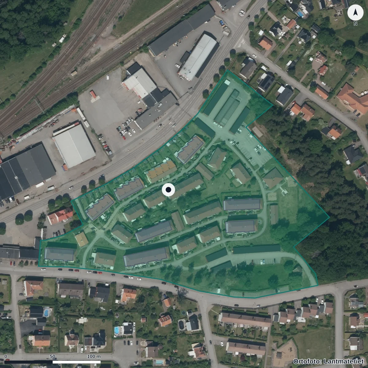 Flygbild över Oljekrukans Förskola, ortofoto från Lantmäteriet