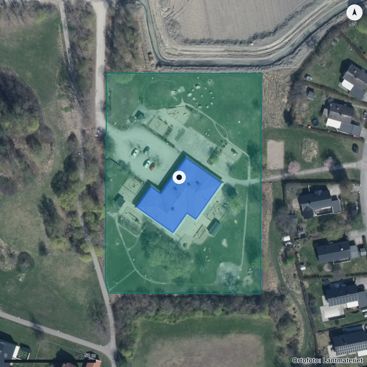 Flygbild över Flöjtvägens Förskola, ortofoto från Lantmäteriet