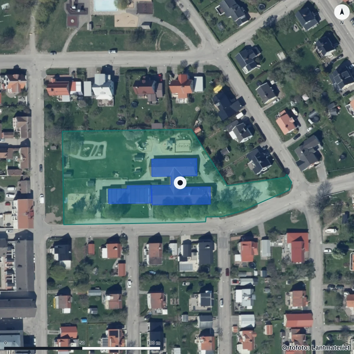 Flygbild över Kålhagens Förskola, ortofoto från Lantmäteriet