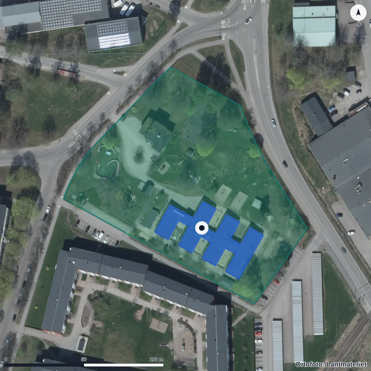 Flygbild över Gruvlyckans Förskola, ortofoto från Lantmäteriet