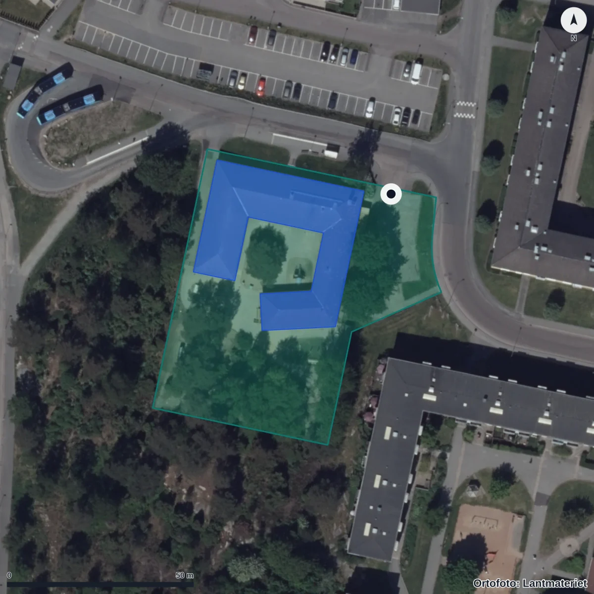 Flygbild över Temperaturgatan 70 Förskola, ortofoto från Lantmäteriet