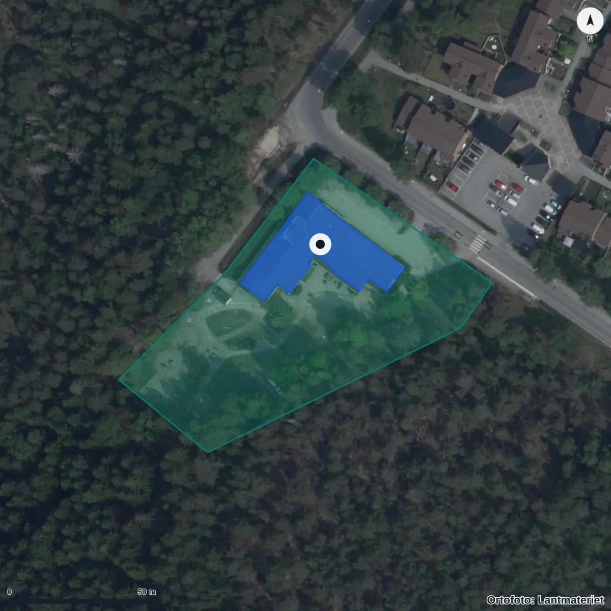 Flygbild över Åby Förskola, ortofoto från Lantmäteriet