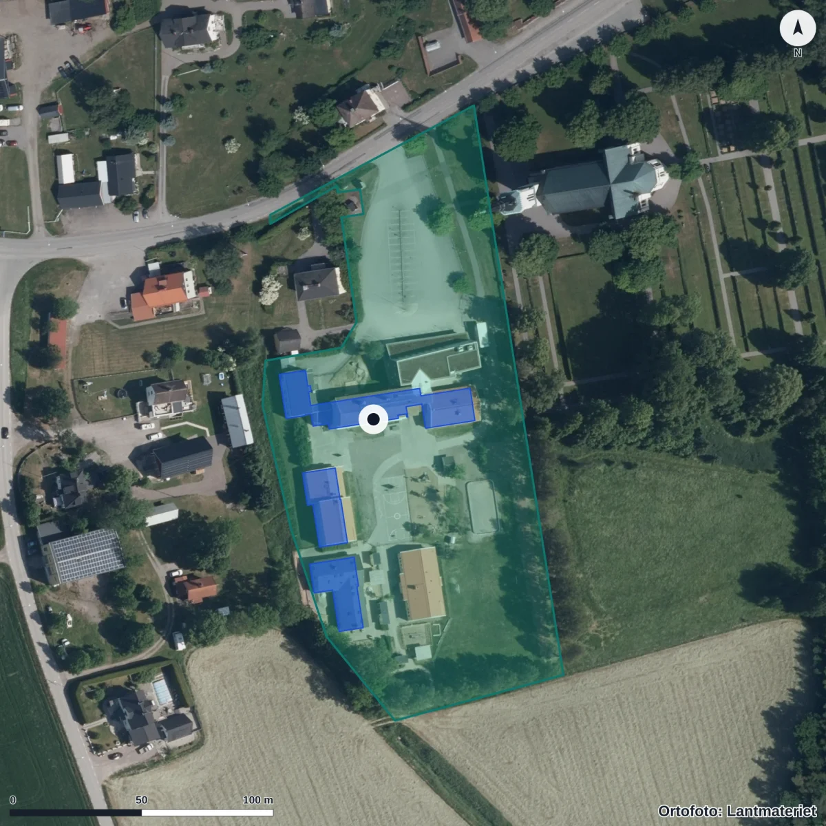 Flygbild över Vånga Förskola, ortofoto från Lantmäteriet