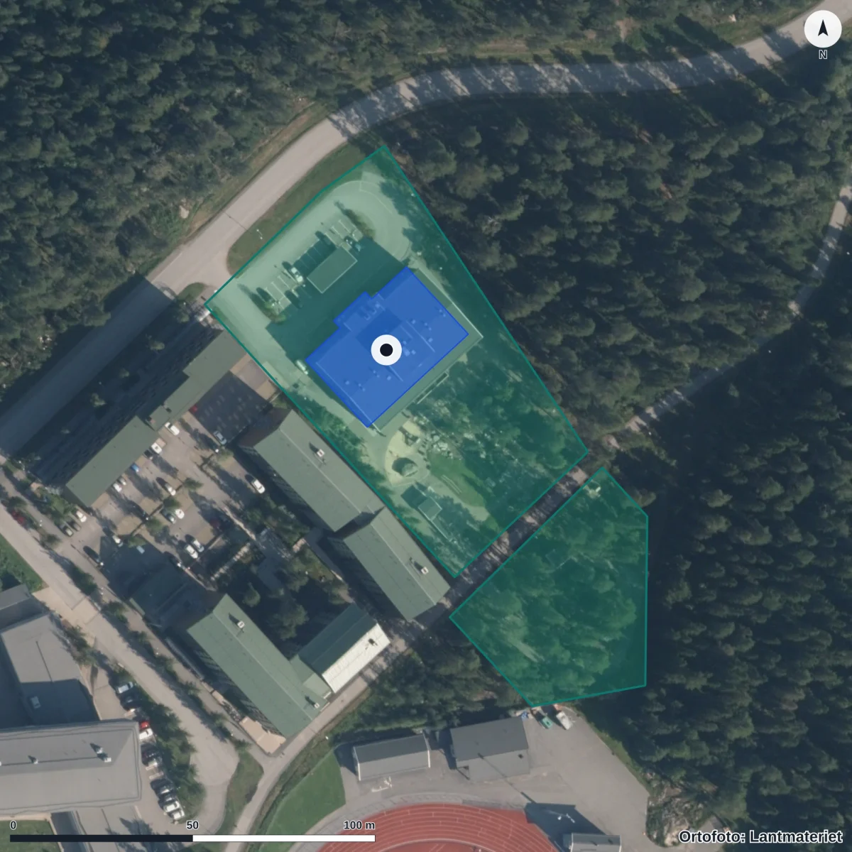 Flygbild över Förskolan Glaciären, ortofoto från Lantmäteriet