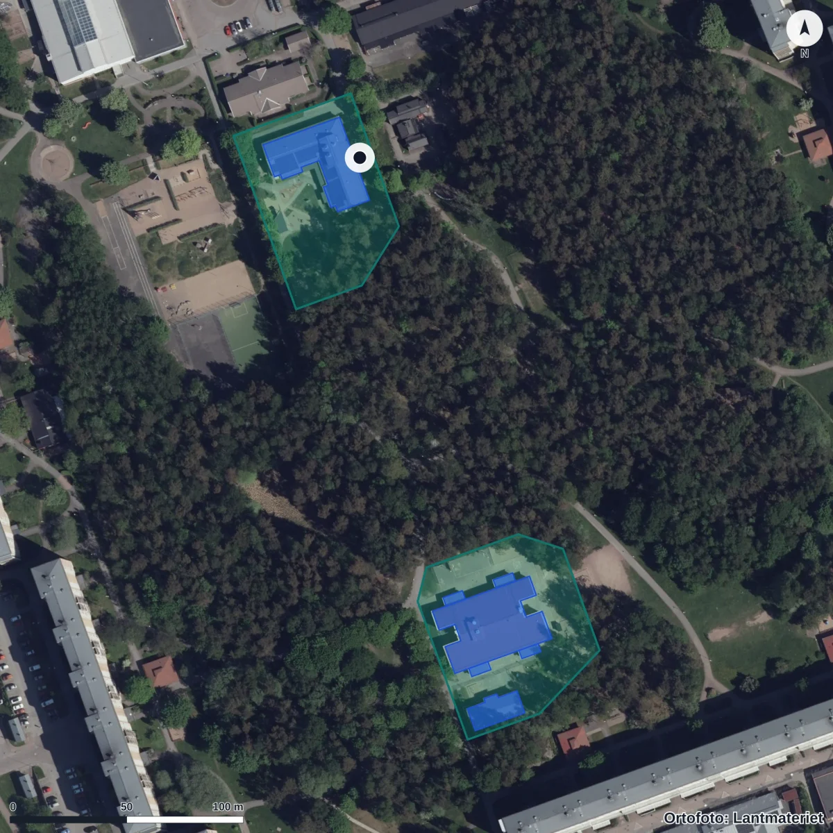 Flygbild över Fjällblomman 5 Förskola, ortofoto från Lantmäteriet