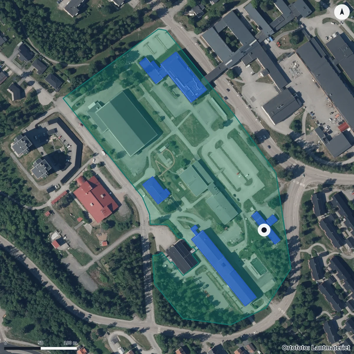 Flygbild över Kungabackens Förskola, ortofoto från Lantmäteriet