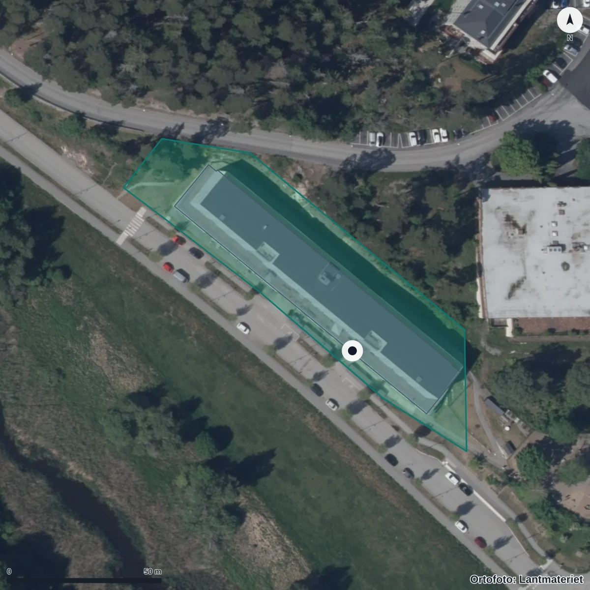 Flygbild över Tellusbarn Växthuset, ortofoto från Lantmäteriet