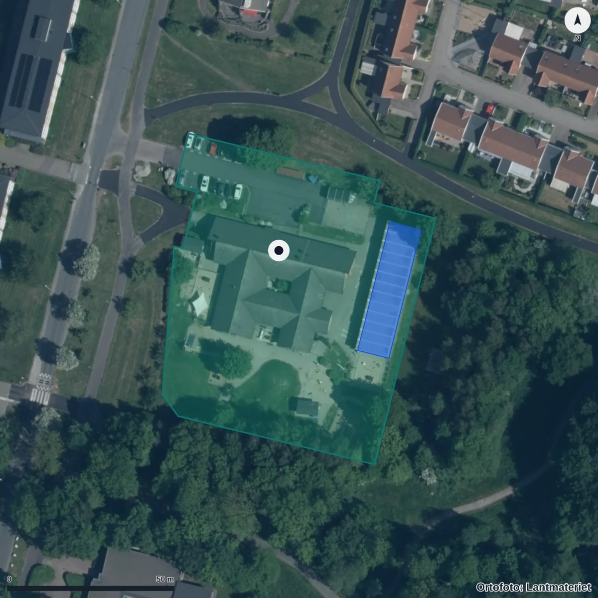 Flygbild över Äppelgårdens Förskola, ortofoto från Lantmäteriet