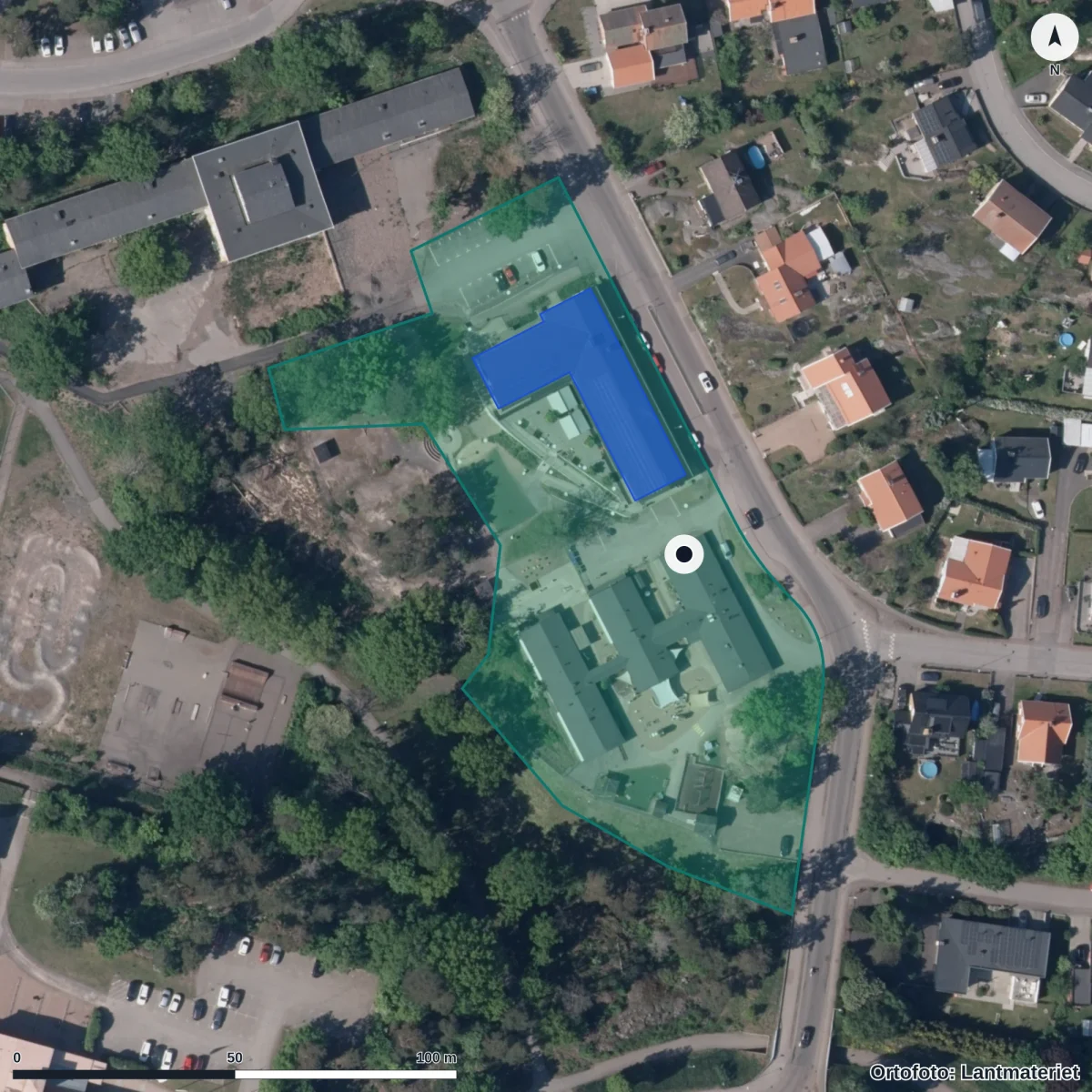 Flygbild över Sidensvansens Förskola, ortofoto från Lantmäteriet