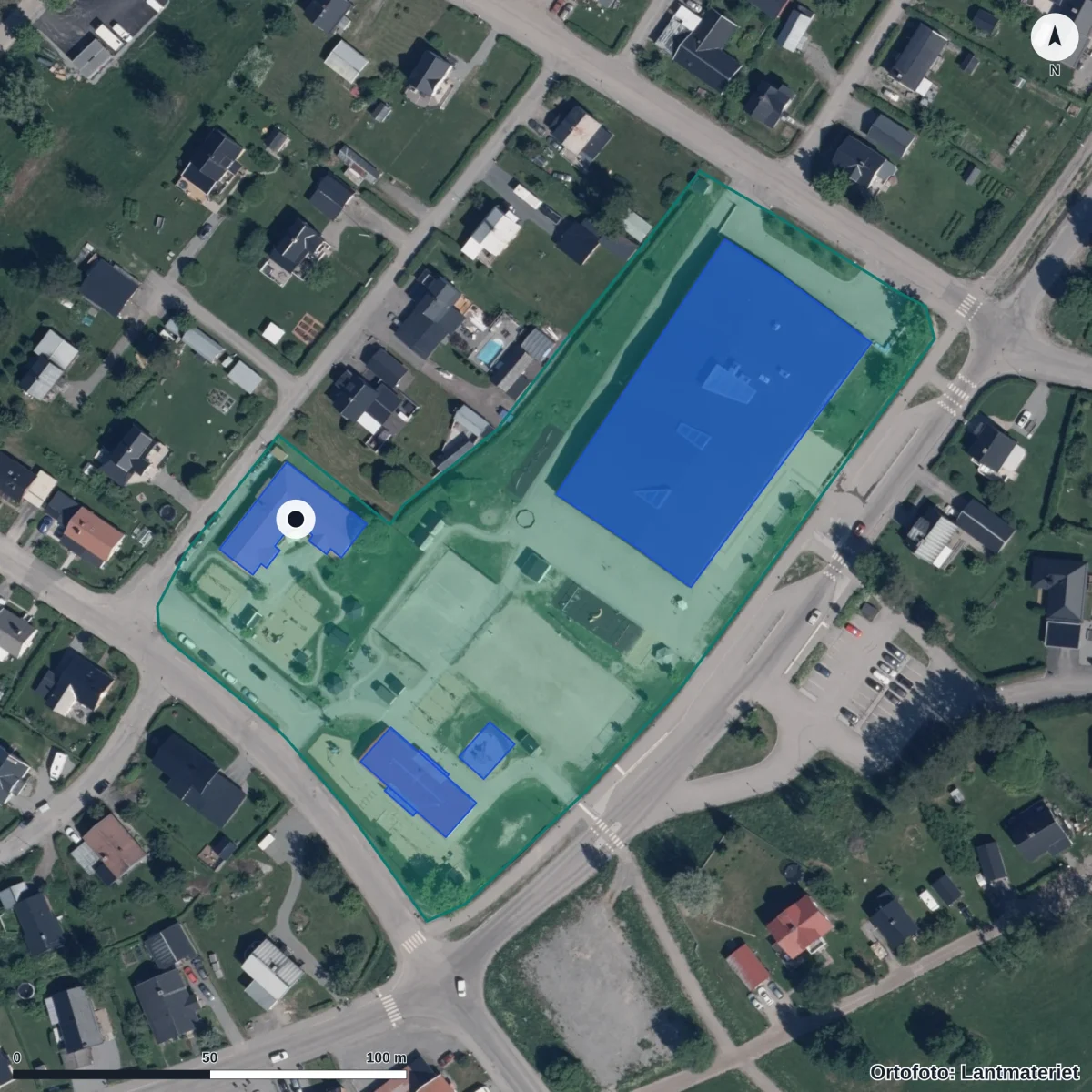 Flygbild över Skarpåkerns Förskola, ortofoto från Lantmäteriet
