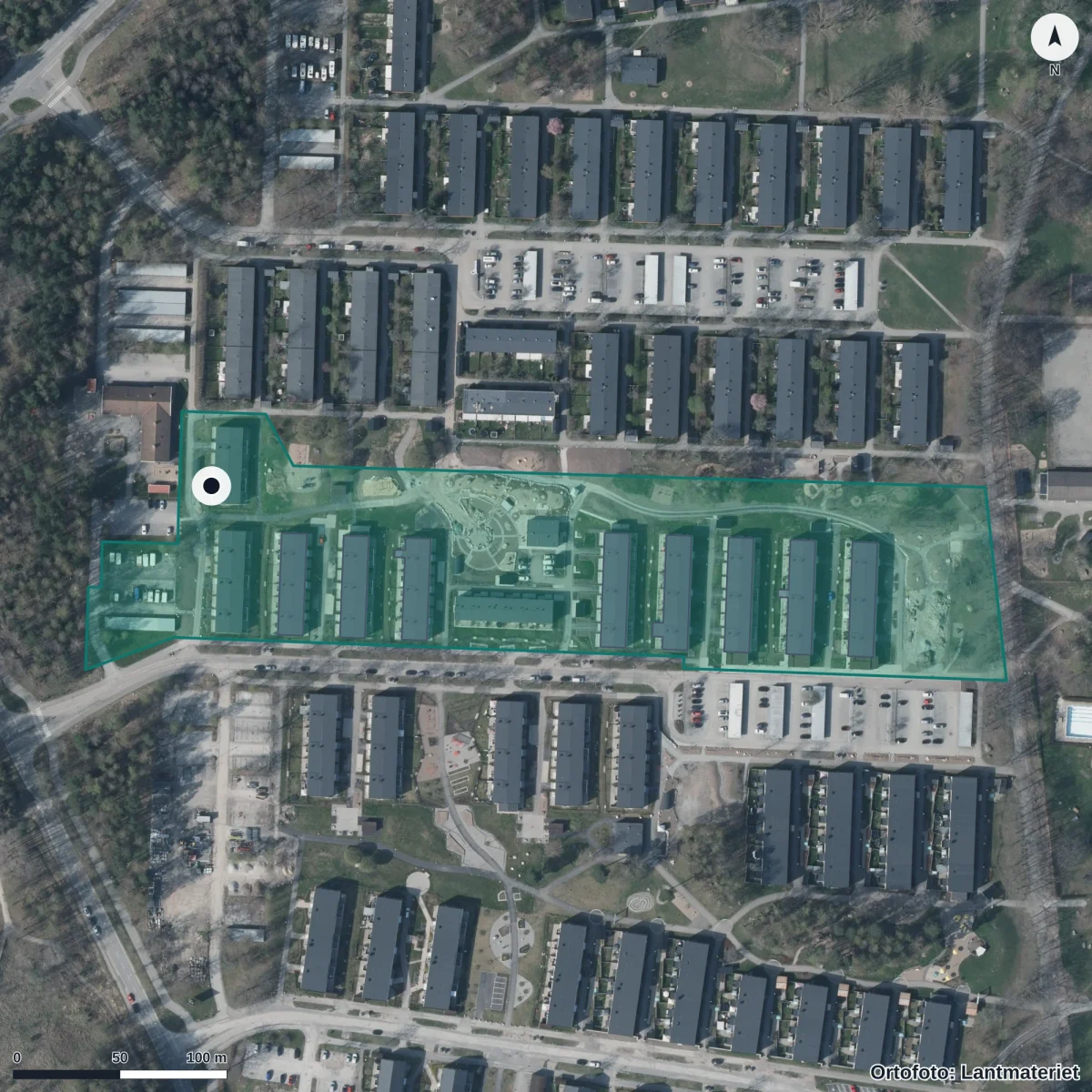 Flygbild över Sagogården, ortofoto från Lantmäteriet