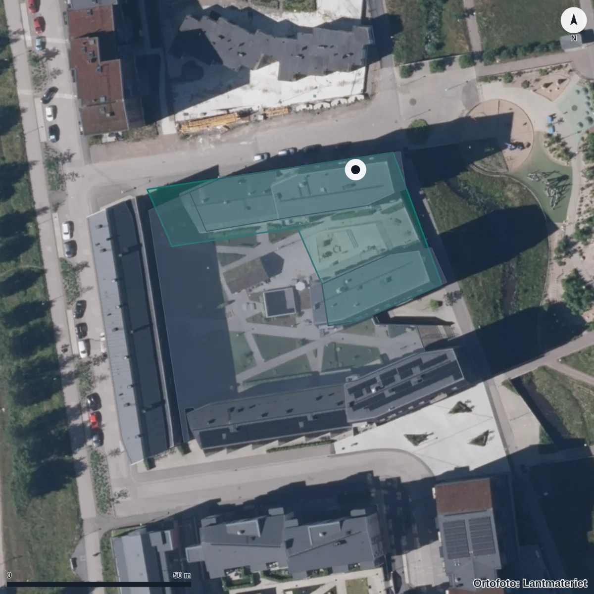 Flygbild över Förskolan Trummen, ortofoto från Lantmäteriet