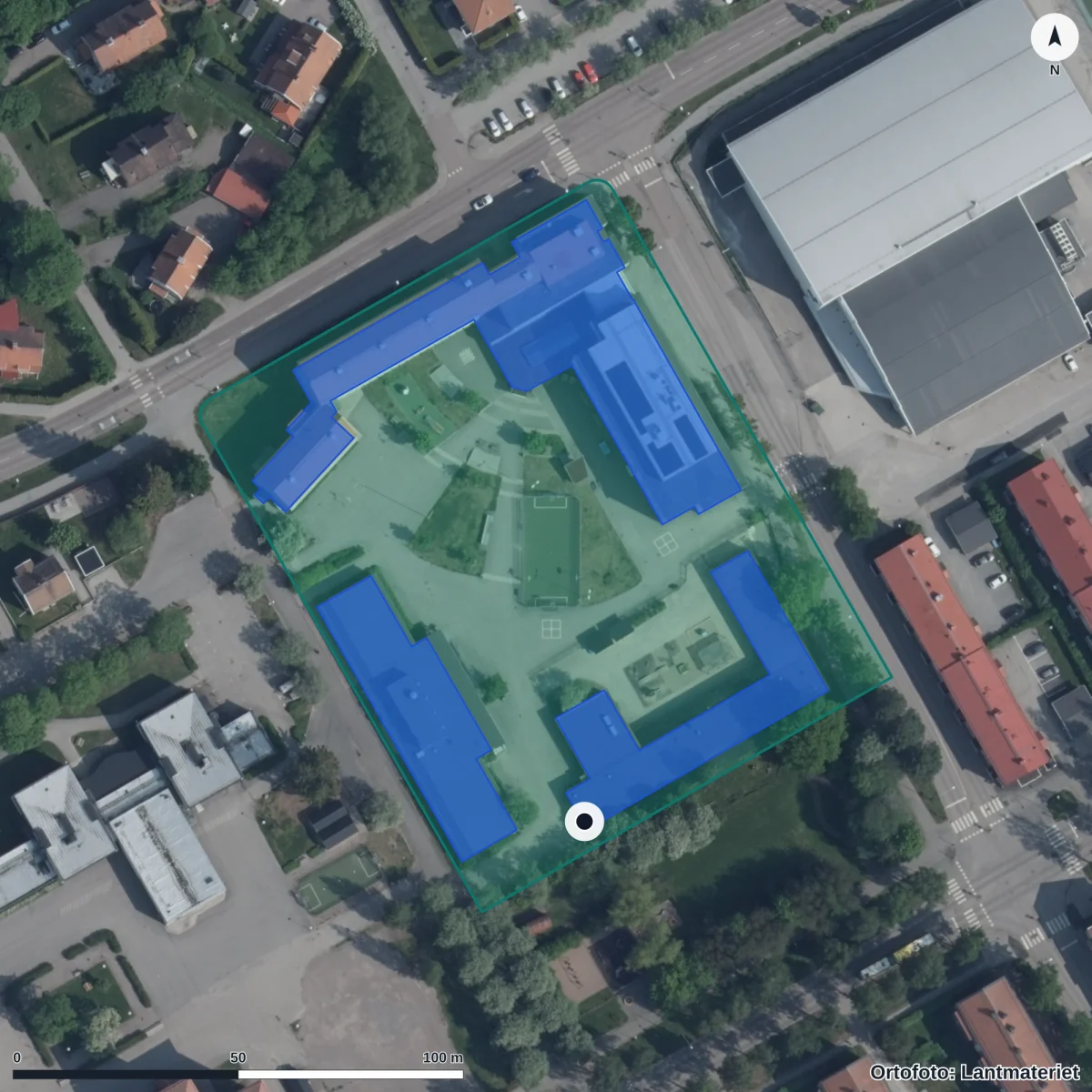 Flygbild över Nynäsparkens Förskola, ortofoto från Lantmäteriet