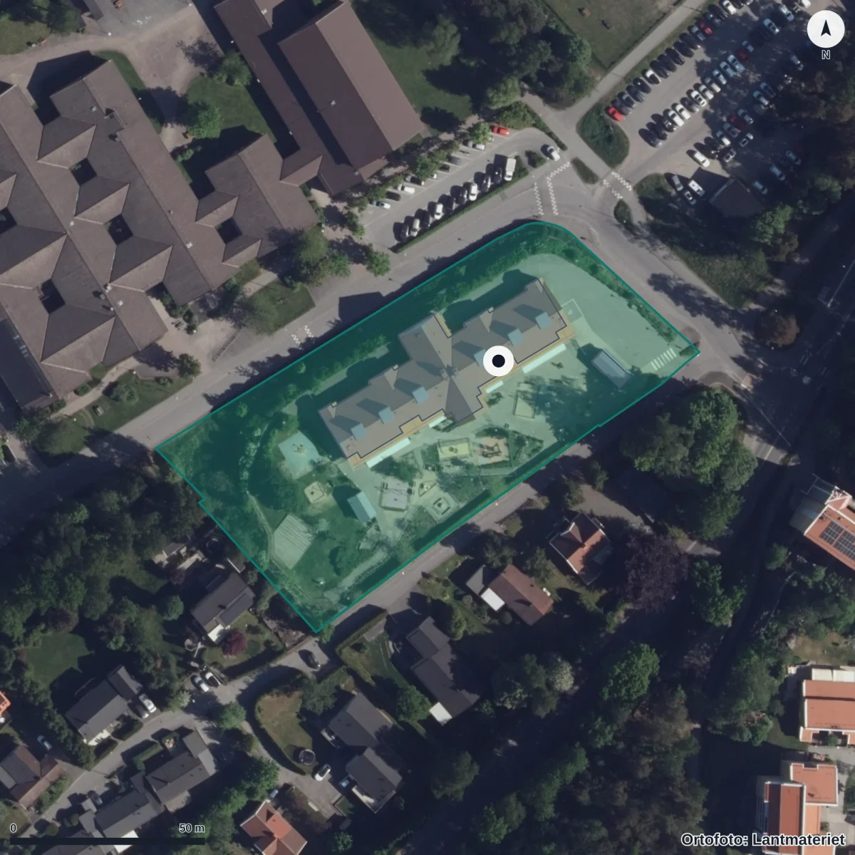 Flygbild över Rullstenens Förskola, ortofoto från Lantmäteriet
