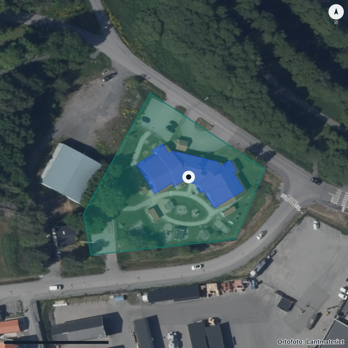 Flygbild över Säby Förskola, ortofoto från Lantmäteriet