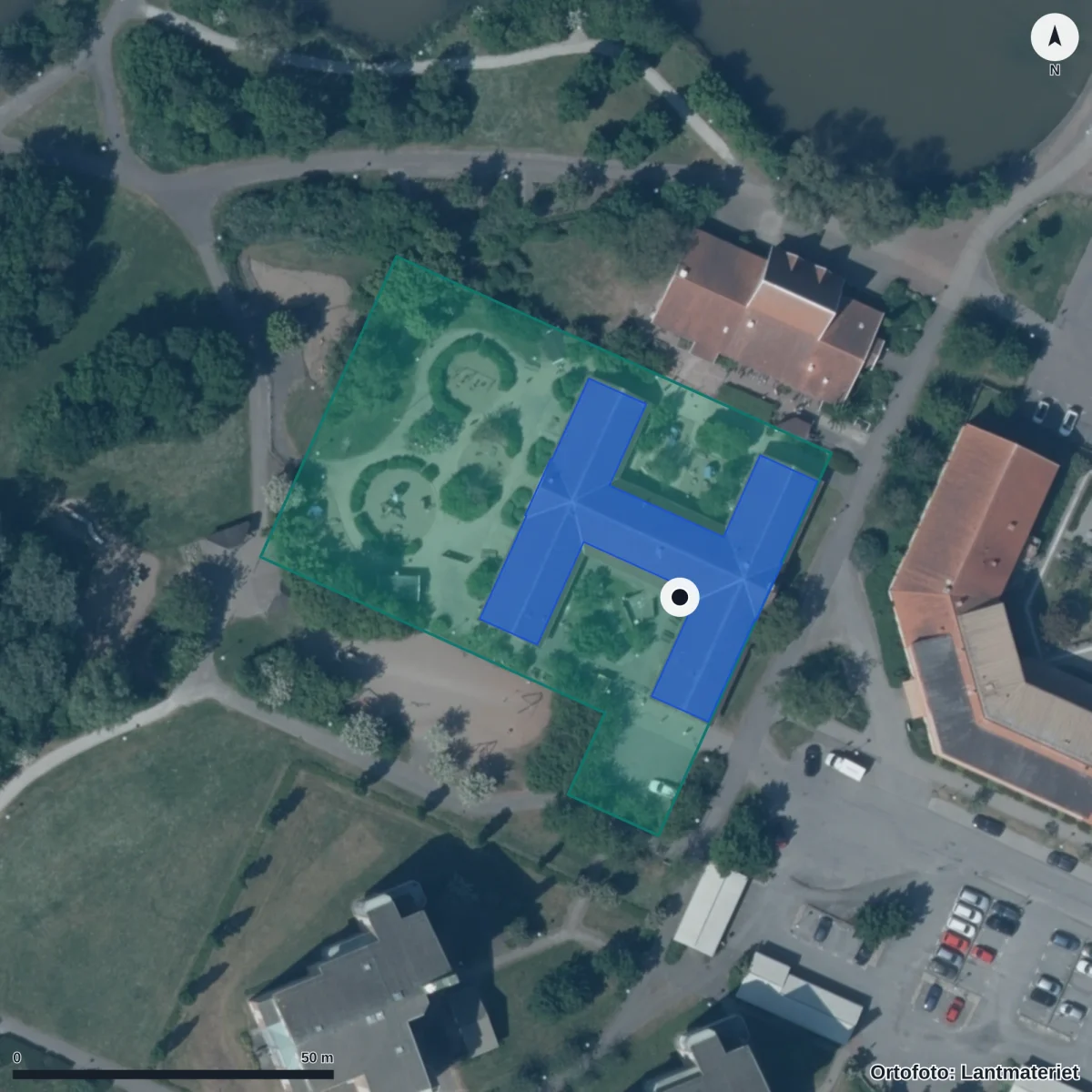 Flygbild över Strandängens Förskola, ortofoto från Lantmäteriet