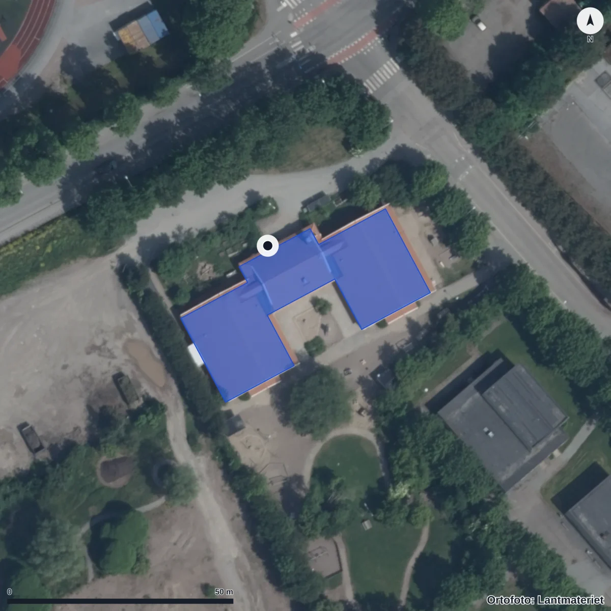 Flygbild över Boklundens Förskola ,ansgarskolorna,, ortofoto från Lantmäteriet