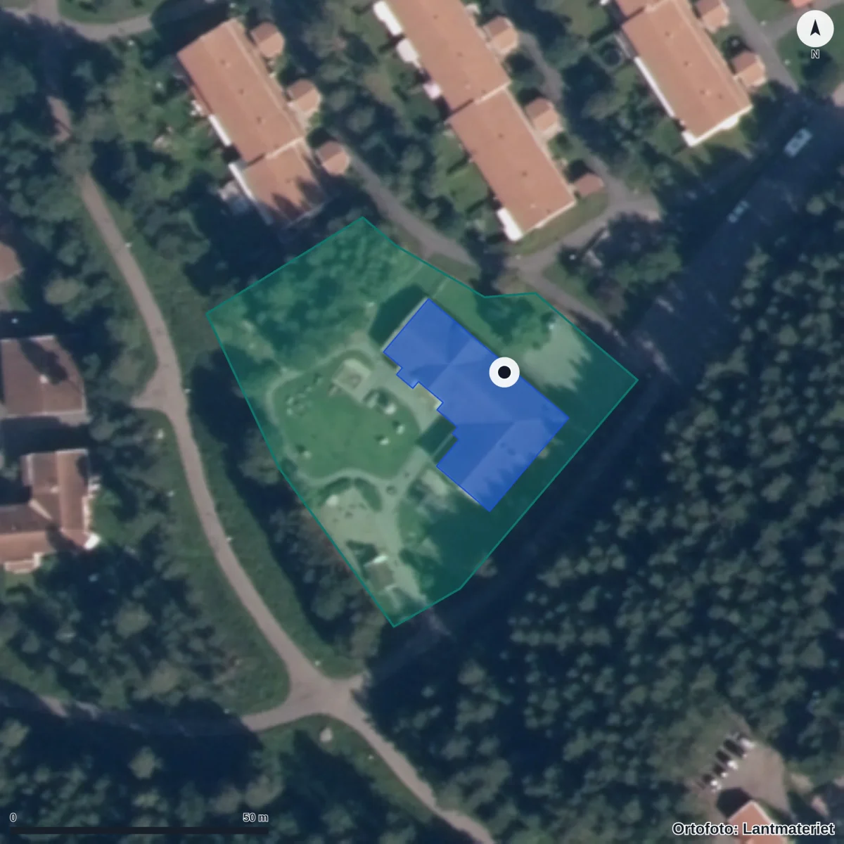 Flygbild över Jägargårdens Förskola, ortofoto från Lantmäteriet
