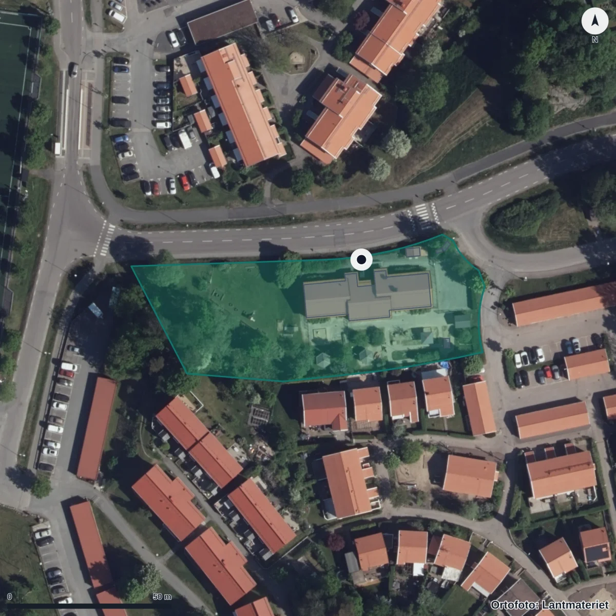 Flygbild över Ålegårdens Förskola, ortofoto från Lantmäteriet