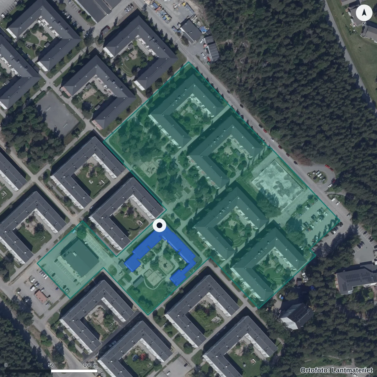 Flygbild över Kallkällans Förskola, ortofoto från Lantmäteriet