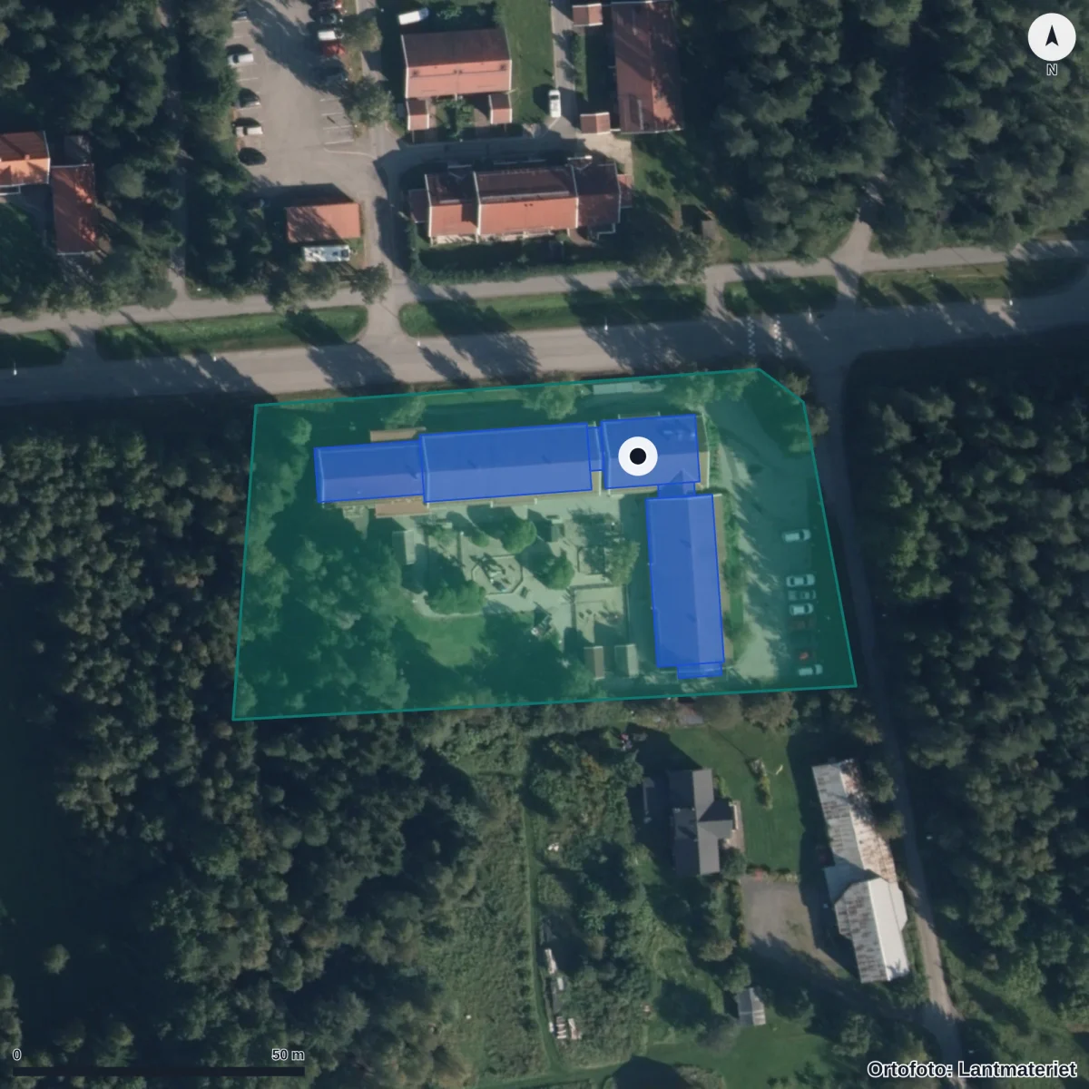 Flygbild över Förskolan Tvillingen, ortofoto från Lantmäteriet