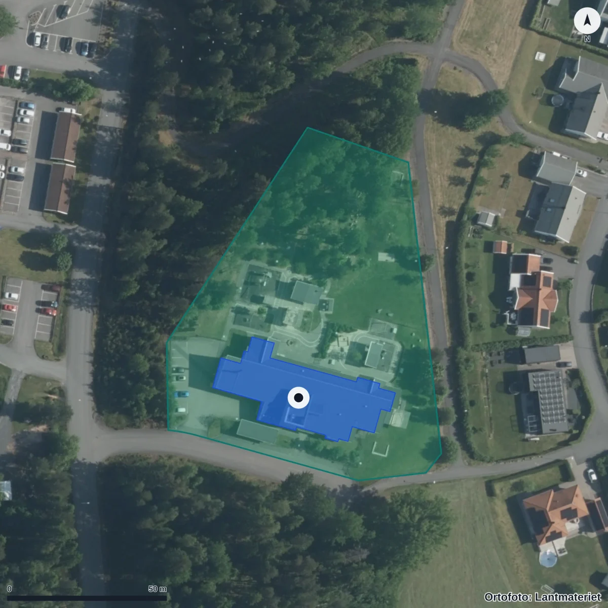 Flygbild över Ullstigens Förskola, ortofoto från Lantmäteriet