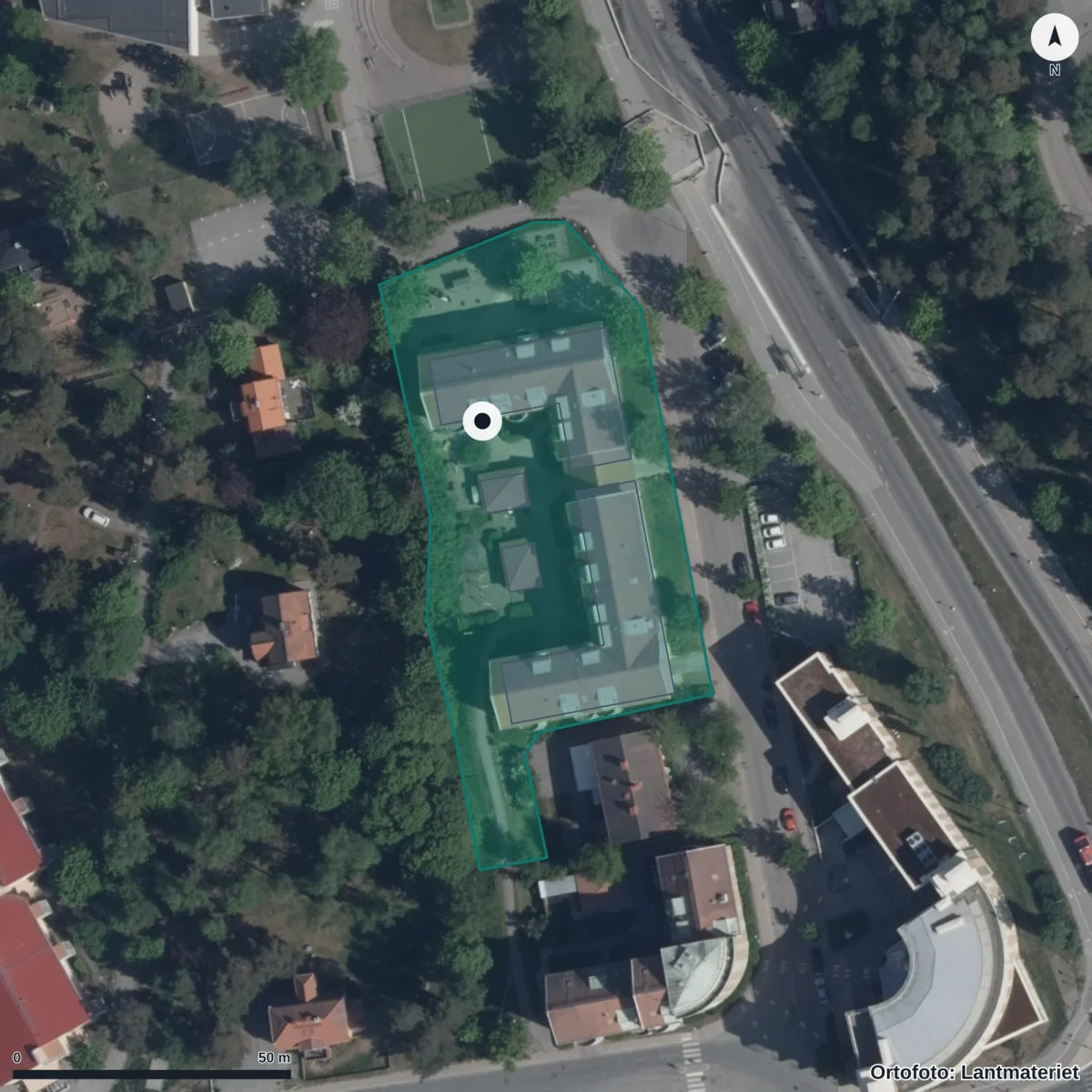 Flygbild över Förskolan Klossen, ortofoto från Lantmäteriet