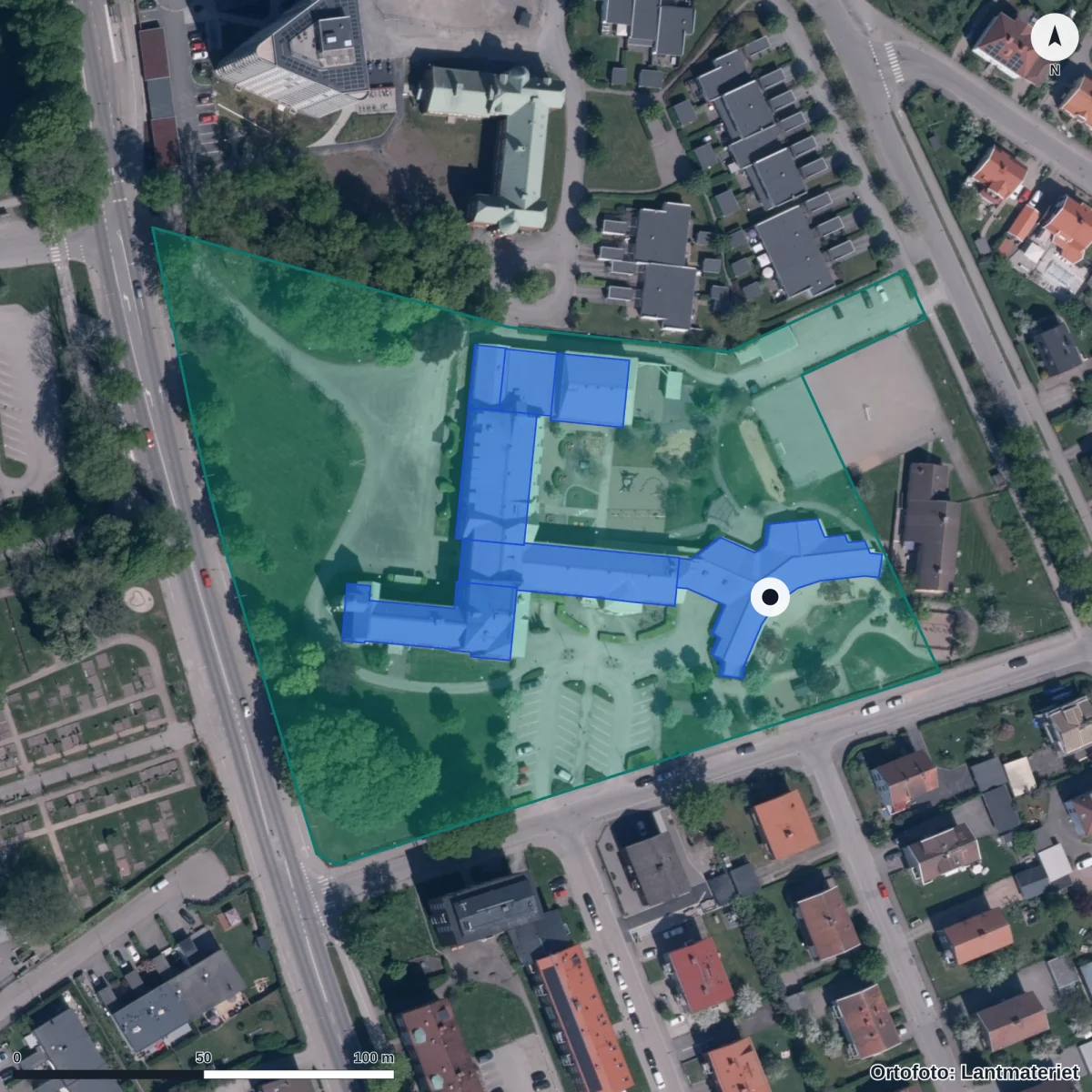 Flygbild över Korsgatans Förskola, ortofoto från Lantmäteriet