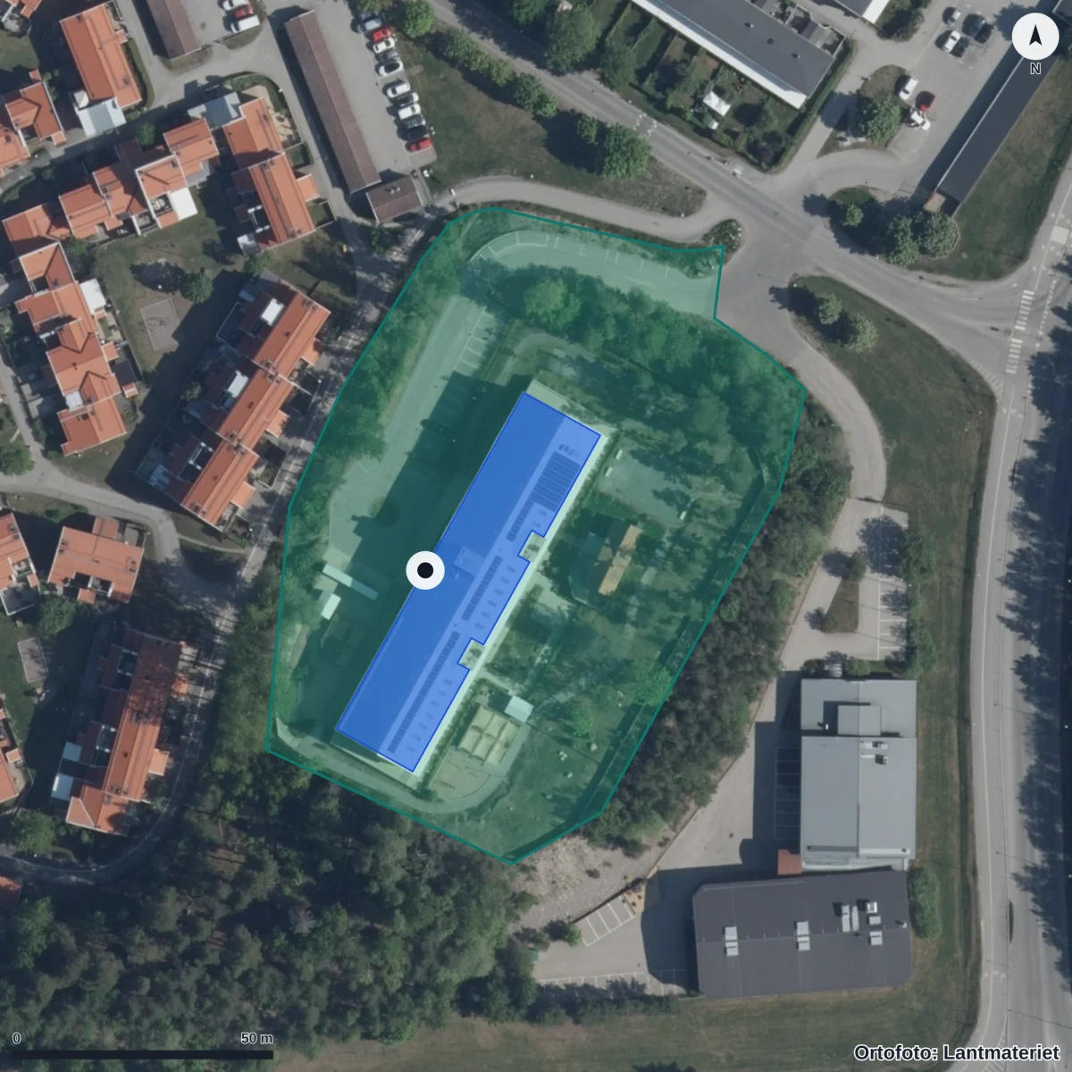Flygbild över Tellusbarn Smedby, ortofoto från Lantmäteriet