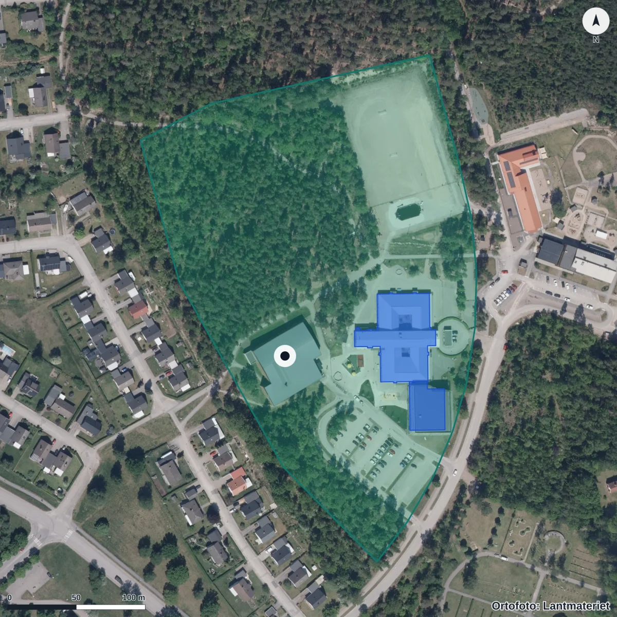 Flygbild över Förskolan Galaxen, ortofoto från Lantmäteriet