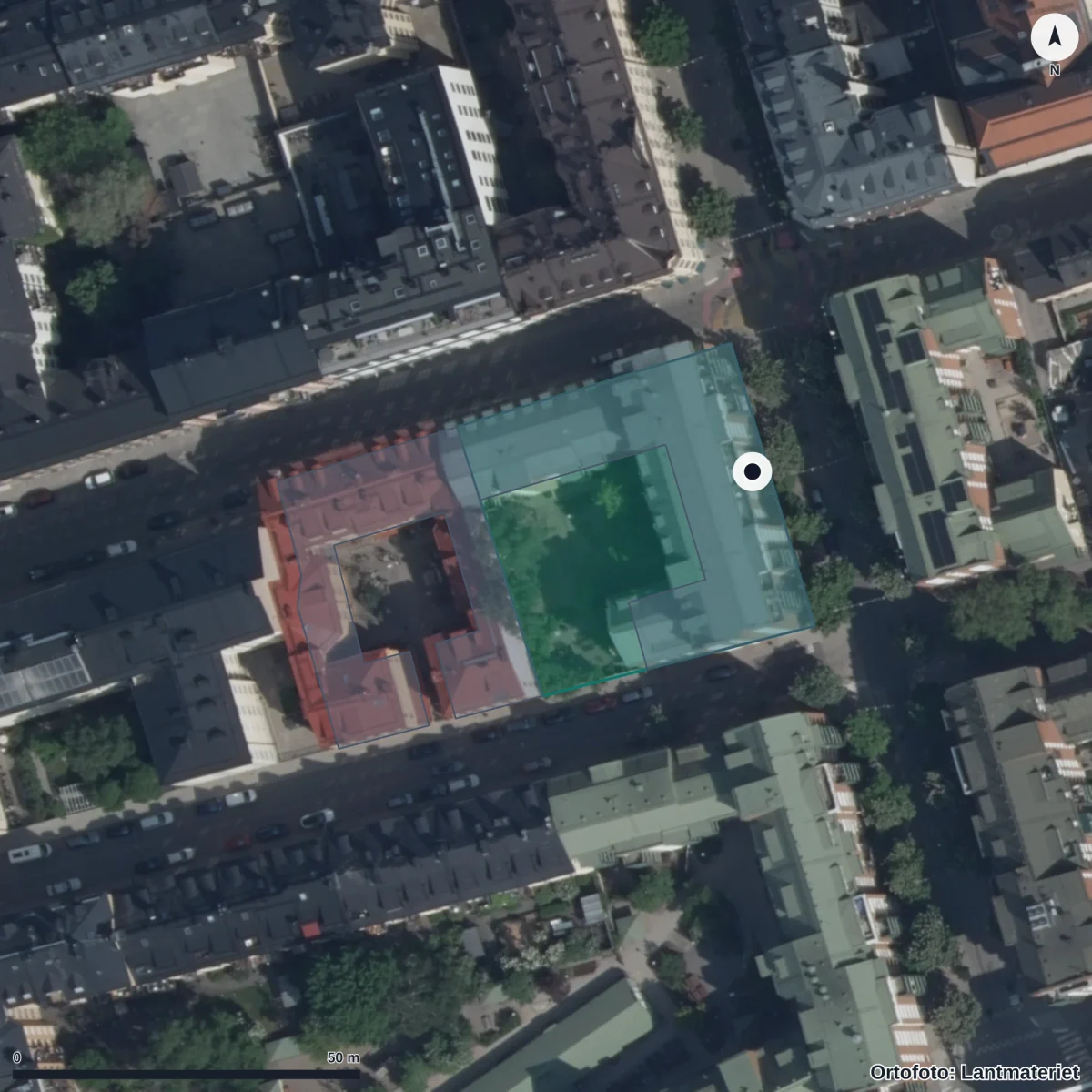 Flygbild över Engelska Franska Förskolan, Södermalm, ortofoto från Lantmäteriet