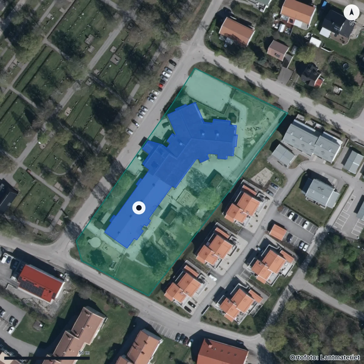 Flygbild över Kubens Förskola, ortofoto från Lantmäteriet