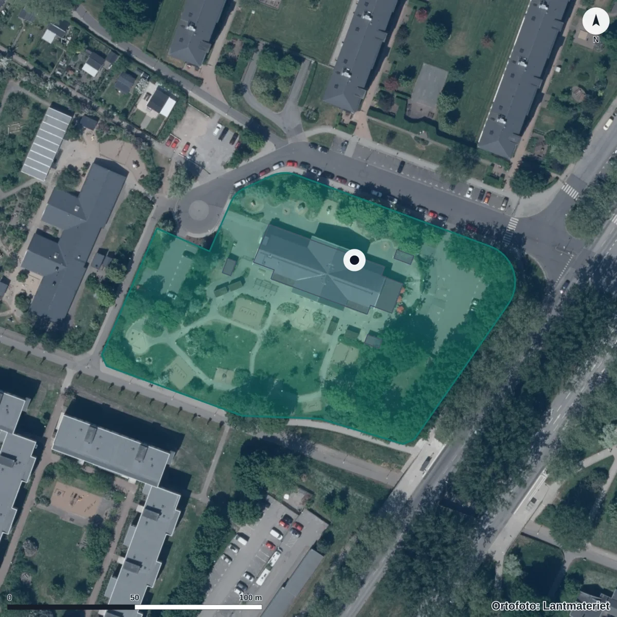 Flygbild över Arkitektens Förskola, ortofoto från Lantmäteriet