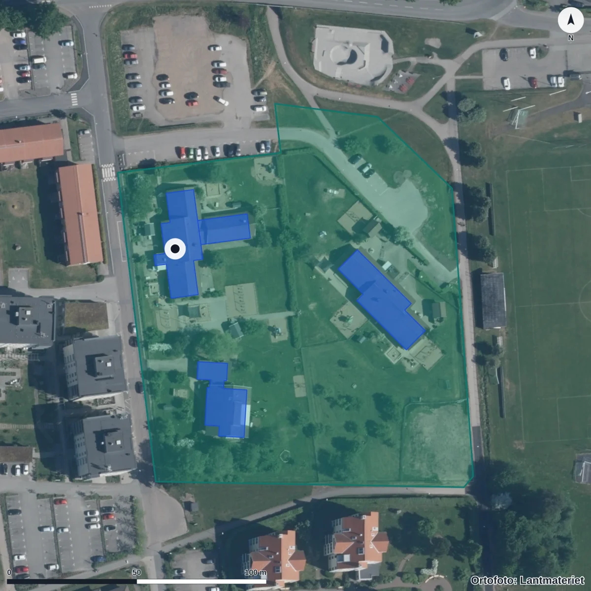 Flygbild över Lyckans Förskola, ortofoto från Lantmäteriet