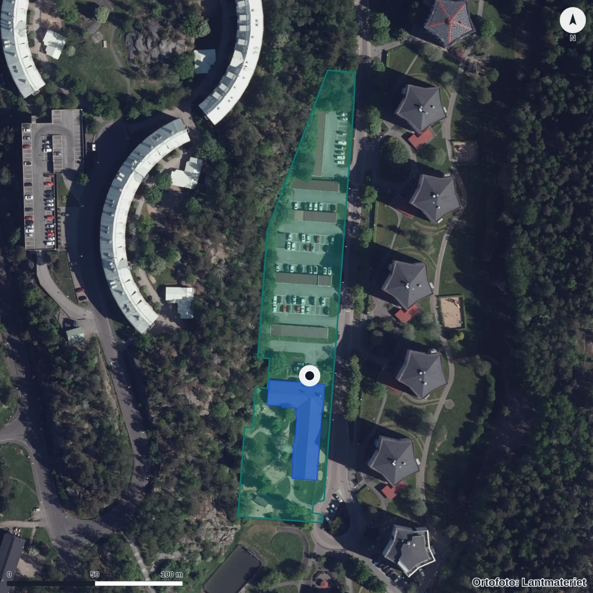 Flygbild över Teleskopgatan 3 Förskola, ortofoto från Lantmäteriet