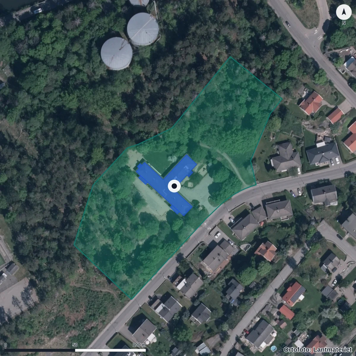 Flygbild över Vitsippans Förskola, ortofoto från Lantmäteriet