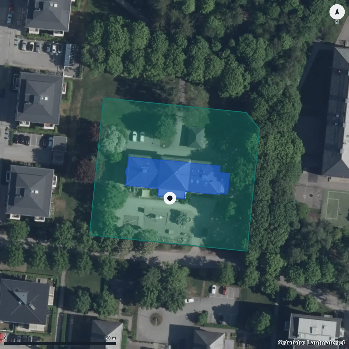 Flygbild över Förskolan Kastanjelunden Pysslingen, ortofoto från Lantmäteriet