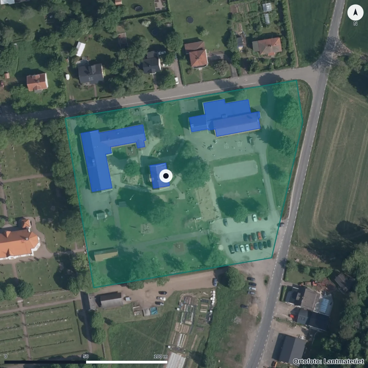 Flygbild över Åsarps Förskola, ortofoto från Lantmäteriet