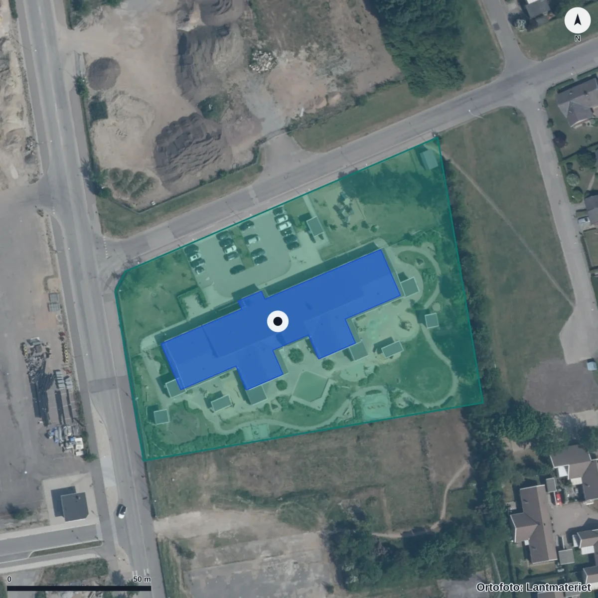 Flygbild över Stationsstadens Förskola, ortofoto från Lantmäteriet